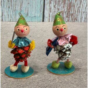 Vintage Pinecone Elf Christmas Ornaments Green Hats Foil Collars Made in Germany